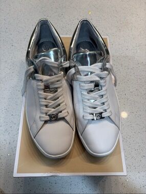 Michael Kors White Sneakers with Silver Metallic Heel and Tongue